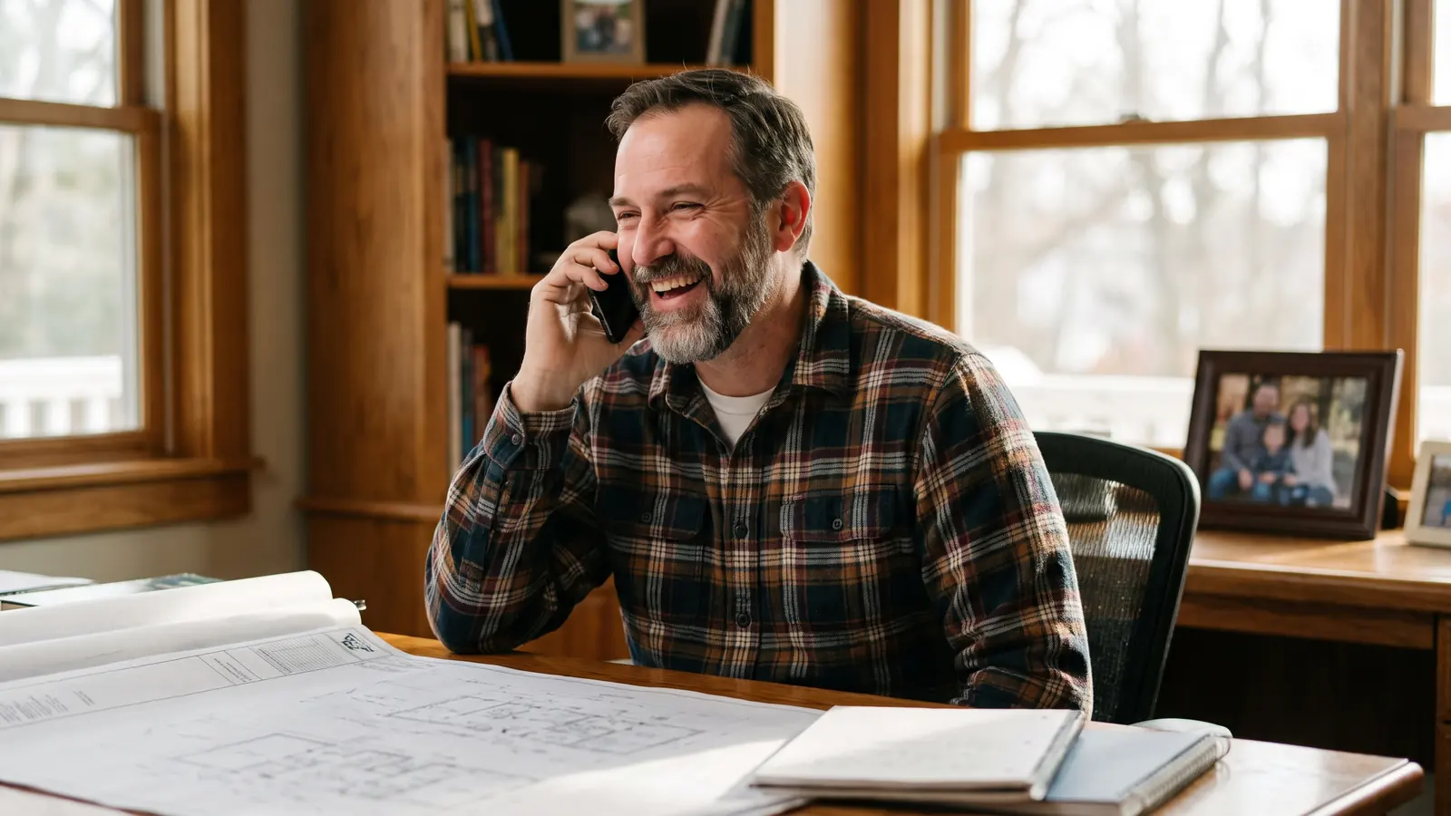 A business owner on the phone in a home office, building plans spread across the desk.