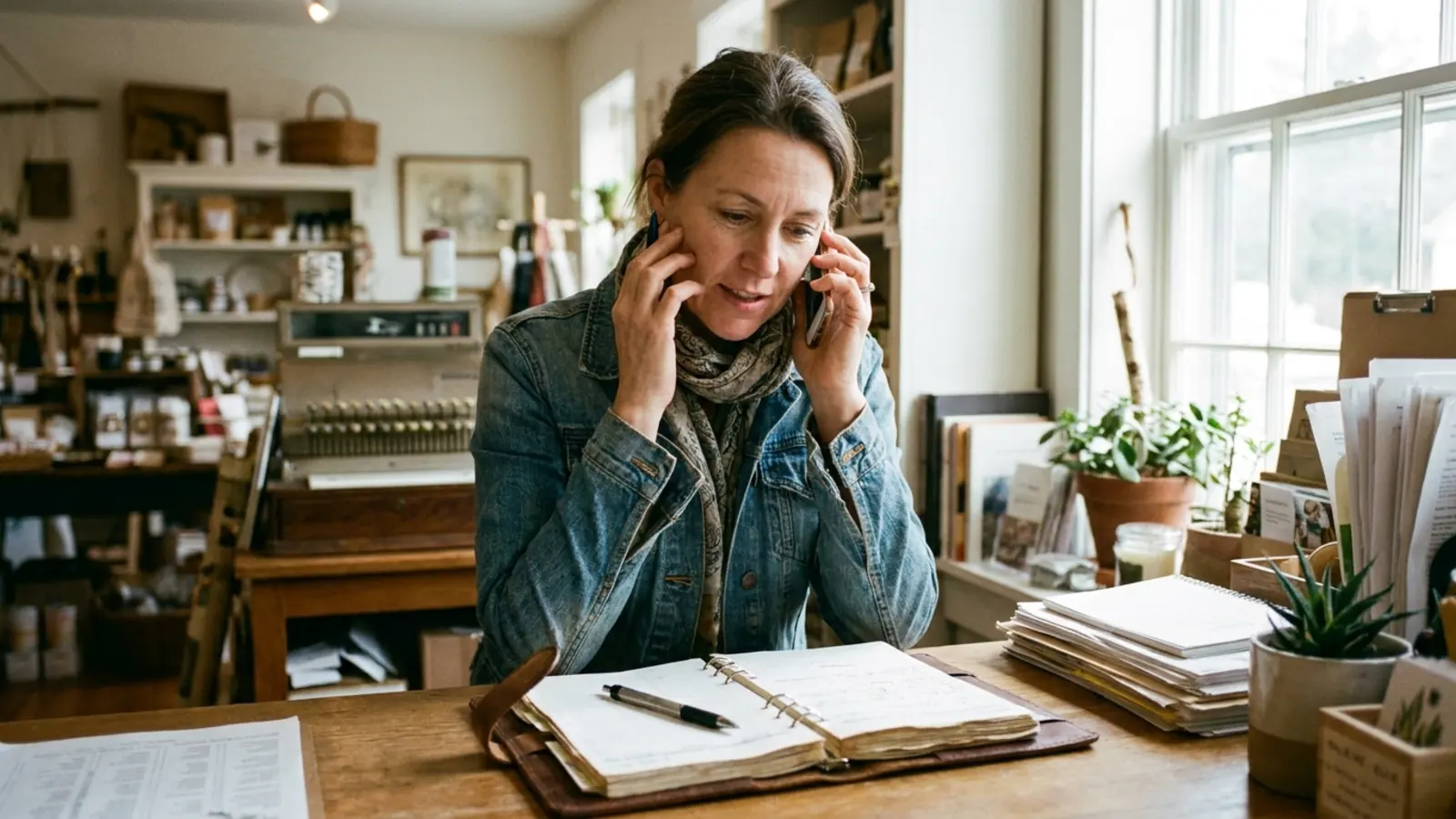 A shop owner on the phone behind her counter, an open ledger in front of her.