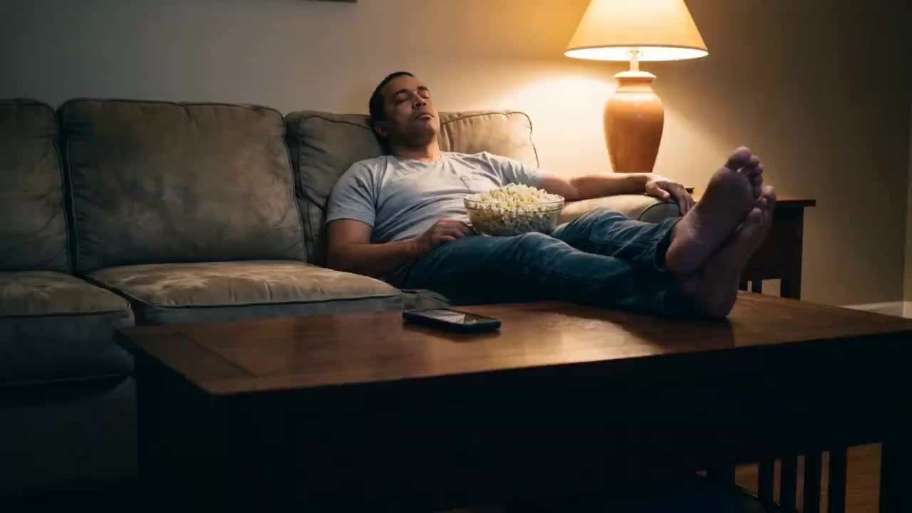 A man asleep on a couch under a lamp, his phone lighting up on the table beside him.